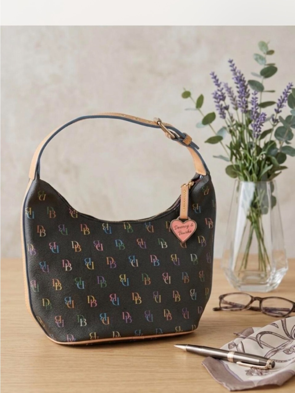 Black Multicolor Monogram Hobo Bag with Tan Trim